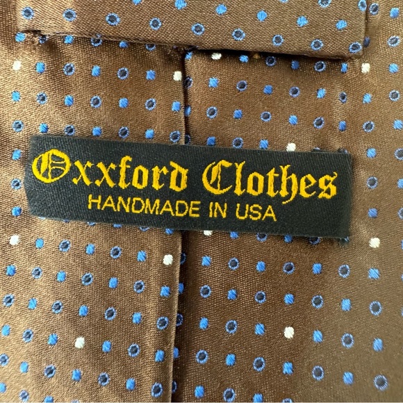 Oxford Clothes Tall Man Necktie Silk USA Made Brown w/ Blue & Cream Small Dots - Picture 9 of 9